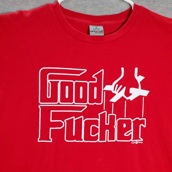 Good F*cker Men Shirt Large Red Graphic Print Parody Short Sleeve Crew Neck Tee - Picture 2 of 8